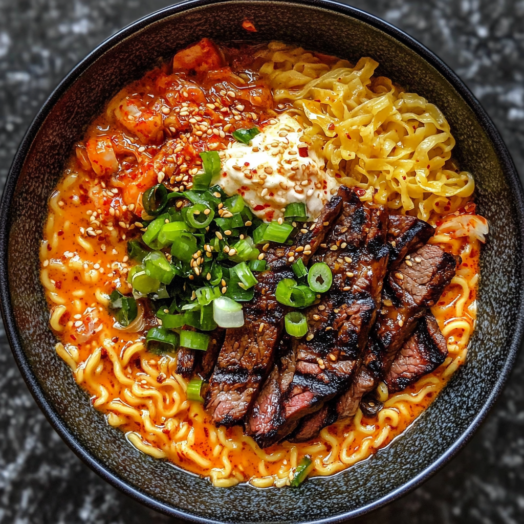 Spicy Korean Ramen with Grilled Beef & Creamy Sauce: A Bold and Flavorful Meal